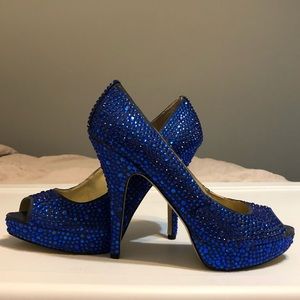 Sparkly Blue Open Toe Rhinestone Platform Heels